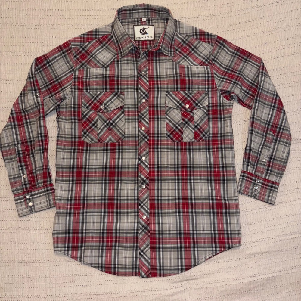 Coevals Club Mens‎ Western Pearl Snap Shirt Red Grey Plaid Long Sleeve Small